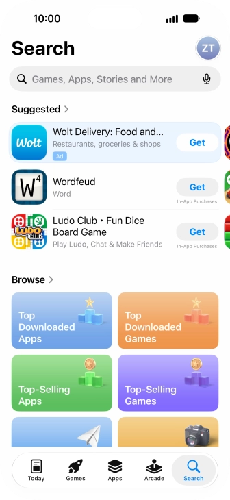 Press the search field and key in the name or subject of the required app.