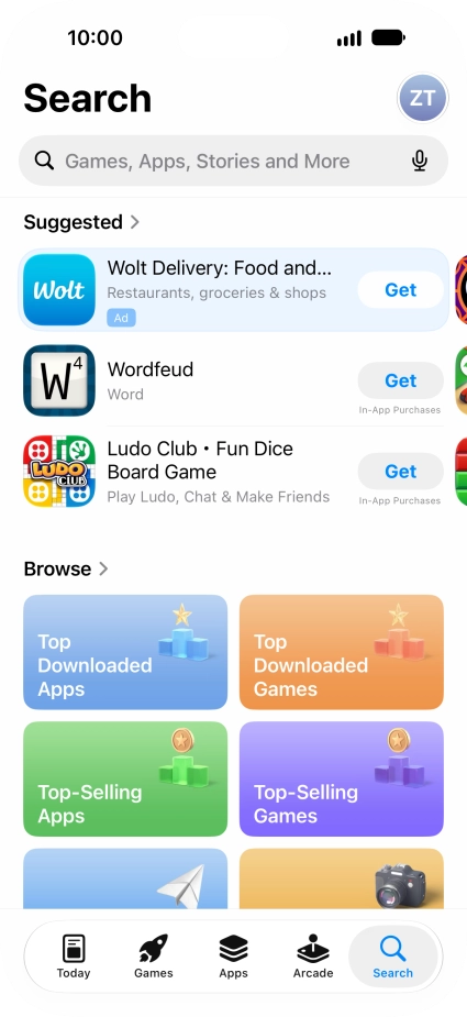 Press the search field and key in the name or subject of the required app.
