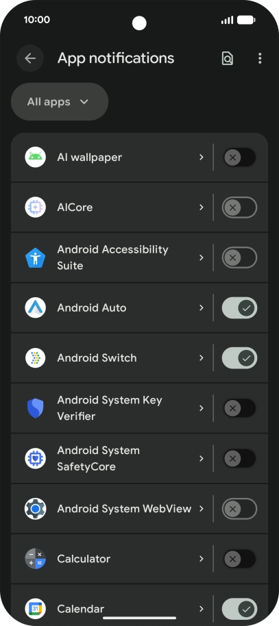 Press the indicator next to the required apps to turn the function on or off.