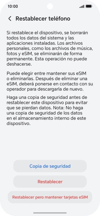 Pulsa Restablecer. Espera unos instantes mientras el teléfono restablece la configuración predeterminada. Sigue las indicaciones de la pantalla para configurar el teléfono y dejarlo listo para su uso. Pulsa Restablecer. Espera unos instantes mientras el teléfono restablece la configuración predeterminada. Sigue las indicaciones de la pantalla para configurar el teléfono y dejarlo listo para su uso.