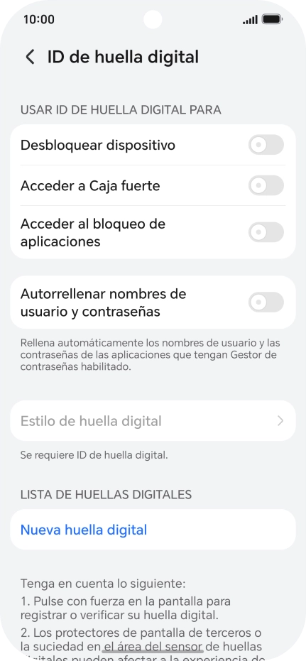 Pulsa Nueva huella digital. Pulsa Nueva huella digital.
