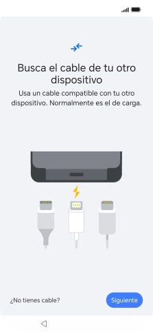 Si tienes un cable que pueda conectar ambos teléfonos, inserta el cable y sigue las instrucciones de la pantalla para transferir contenido a tu teléfono. Si no tienes un cable, pulsa ¿No tienes cable?. Si tienes un cable que pueda conectar ambos teléfonos, inserta el cable y sigue las instrucciones de la pantalla para transferir contenido a tu teléfono. Si no tienes un cable, pulsa ¿No tienes cable?.