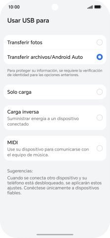 Pulsa Transferir archivos/Android Auto.