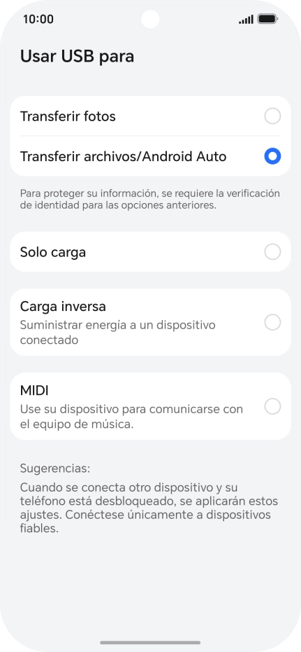 Pulsa Transferir archivos/Android Auto.
