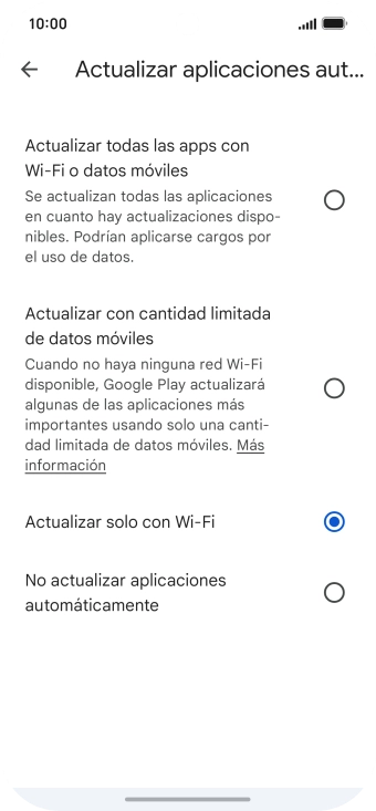 Para activar la actualización automática de apps utilizando la red móvil, pulsa Actualizar todas las apps con Wi-Fi o datos móviles. Para activar la actualización automática de apps utilizando la red móvil, pulsa Actualizar todas las apps con Wi-Fi o datos móviles.