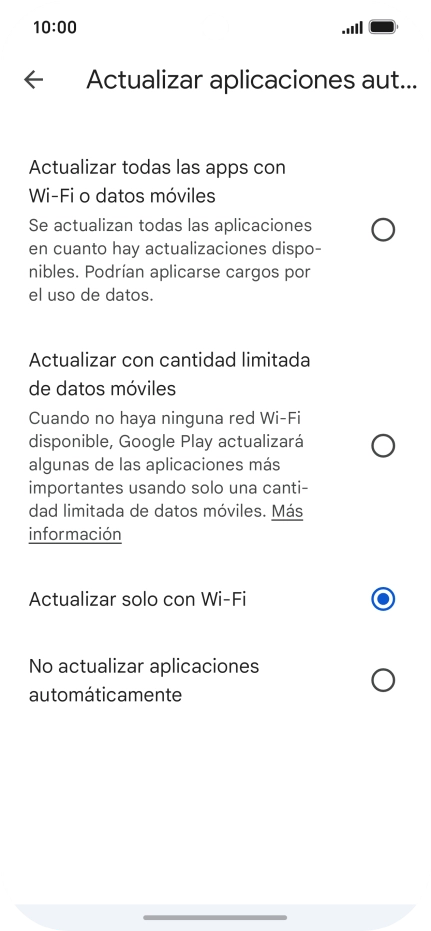 Para activar la actualización automática de apps utilizando la red móvil, pulsa Actualizar todas las apps con Wi-Fi o datos móviles. Para activar la actualización automática de apps utilizando la red móvil, pulsa Actualizar todas las apps con Wi-Fi o datos móviles.