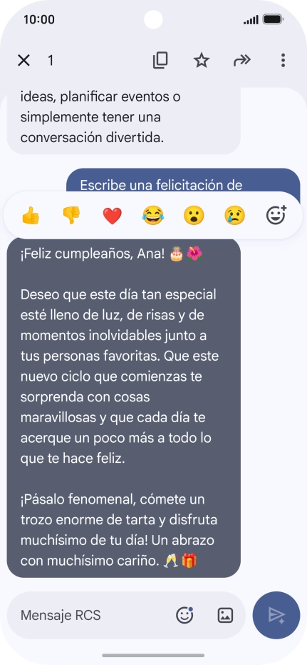 Pulsa la propuesta de texto de Gemini durante unos instantes. Sigue las indicaciones de la pantalla para utilizar el texto propuesto.