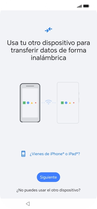 Sigue las indicaciones de la pantalla para transferir contenido desde el otro teléfono y finalizar la activación de tu teléfono. Sigue las indicaciones de la pantalla para transferir contenido desde el otro teléfono y finalizar la activación de tu teléfono.