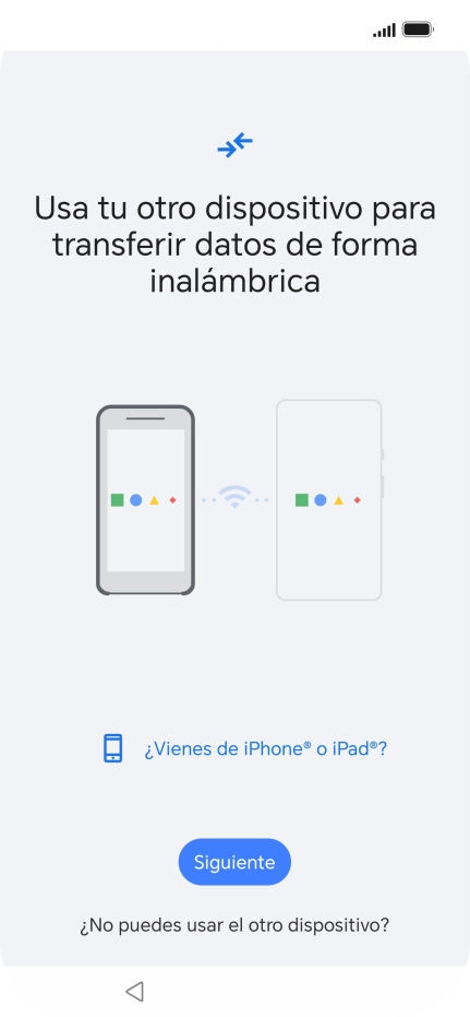 Sigue las indicaciones de la pantalla para transferir contenido desde el otro teléfono y finalizar la activación de tu teléfono. Sigue las indicaciones de la pantalla para transferir contenido desde el otro teléfono y finalizar la activación de tu teléfono.