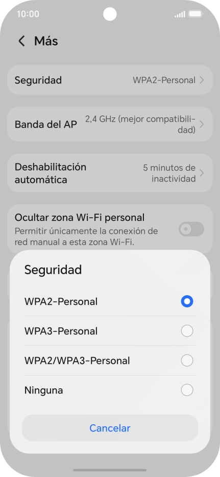 Pulsa WPA3-Personal para proteger la conexión wifi con una contraseña. Pulsa WPA3-Personal para proteger la conexión wifi con una contraseña.