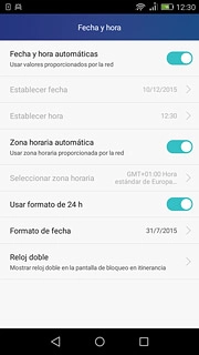 Pulsa Fecha y hora automáticas hasta que aparezca en la pantalla que la función está activada.