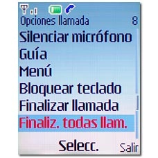 Vaya a Finaliz. todas llam. y pulse la tecla de navegación.Se finalizan ambas llamadas.