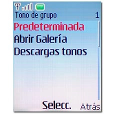 Elija Predeterminada, Abrir Galería o Descargas tonos y pulse la tecla de navegación.