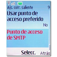 Vaya a Punto de acceso de SMTP y pulse la tecla de navegación.Repita los pasos 21-27 y vaya a continuación al paso 38.
