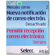 Vaya a Permitir recepción correo electrónico y pulse la tecla de navegación.