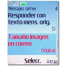 Vaya a Tamaño imagen en correo y pulse la tecla de navegación.