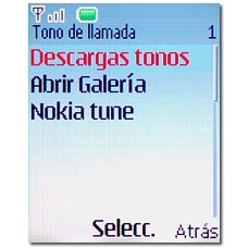 Elija Descargas tonos (para descargar de Internet), Abrir Galería o Nokia tune y pulse la tecla de navegación.