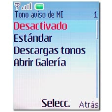 Elija Desactivado, Estándar, Descargas tonos (para descargar de Internet) o Abrir Galería y pulse la tecla de navegación.