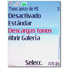 Si selecciona Descargas tonos:Siga las indicaciones de la pantalla para descargar el tono deseado.