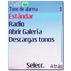 Elija Estándar, Radio, Abrir Galería o Descargas tonos y pulse la tecla de navegación.