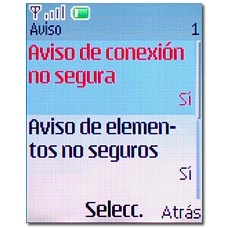 Elija Aviso de conexión no segura o Aviso de elementos no seguros y pulse la tecla de navegación.