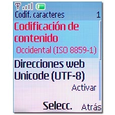 Elija Codificación de contenido o Direcciones web Unicode (UTF-8) y pulse la tecla de navegación.