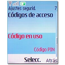 Vaya a Código en uso y pulse la tecla de navegación.La pantalla muestra ahora una lista de los códigos que hay activados en su teléfono.