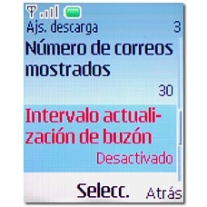 Vaya a Intervalo actualización de buzón y pulse la tecla de navegación.