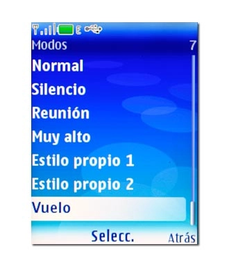 Para activar el modo de avión:Vaya a Vuelo y pulse la tecla de navegación.
