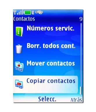 Vaya a Copiar contactos o Mover contactos y pulse la tecla de navegación.