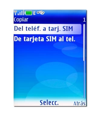Elija Del teléf. a tarj. SIM o De tarjeta SIM al tel. y pulse la tecla de navegación.