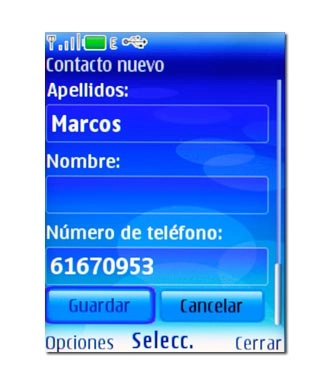 Introduzca el nombre deseado.Vaya a Guardar y pulse la tecla de navegación.En la pantalla aparece en qué guía se ha guardado el nombre (en la guía interna del teléfono o en la de la tarjeta SIM).