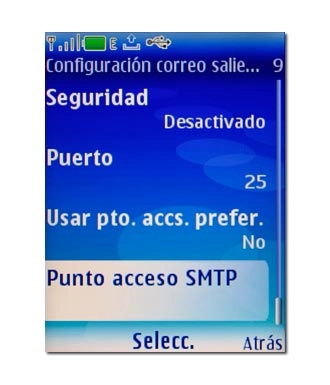Vaya a Punto acceso SMTP y pulse la tecla de navegación.Repita los pasos 21-28 y continúe con el paso 39.
