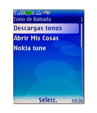 Elija Descargas tonos, Abrir Mis Cosas o Nokia tune (para descargar de Internet) y pulse la tecla de navegación.