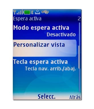Vaya a Personalizar vista y pulse la tecla de navegación.En la pantalla aparece una vista de las funciones del menú que están configuradas para el modo de espera activo.