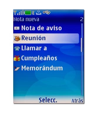 Elija Reunión, Llamar a, Cumpleaños, Memorándum o Nota de aviso y pulse la tecla de navegación.