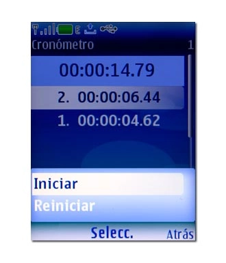 Vaya a Iniciar y pulse la tecla de navegación.La toma de tiempo continúa a partir del tiempo tomado hasta ahora.