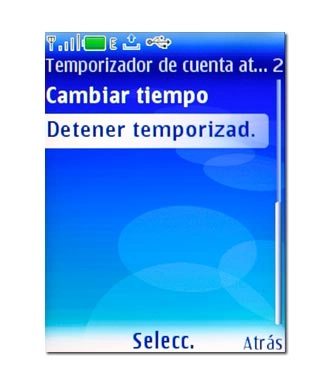 Vaya a Detener temporizad. y pulse la tecla de navegación.La cuenta atrás se interrumpe y el reloj se reinicia.