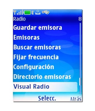 Vaya a Visual Radio y pulse la tecla de navegación.Vodafone no dispone de este servicio y por eso no puede utilizar Visual Radio.