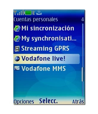 Elija la configuración de Internet que acaba de crear (Vodafone live!) y pulse Opciones.