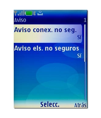 Elija Aviso conex. no seg. o Aviso els. no seguros y pulse la tecla de navegación.