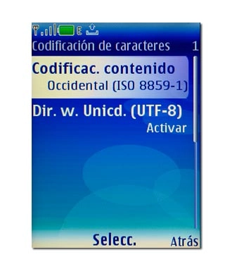 Elija Condificac. contenido o Dir. w. Unicd. (UTF-8) y pulse la tecla de navegación.