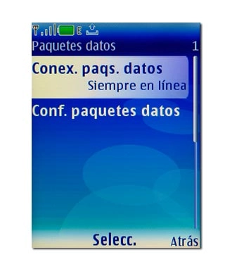 Vaya a Conex. paqs. datos y pulse la tecla de navegación.
