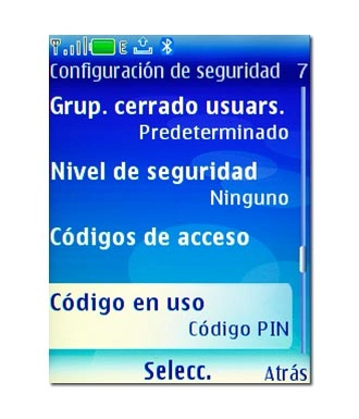 Vaya a Código en uso y pulse la tecla de navegación.La pantalla muestra ahora una lista de los códigos que hay activados en su teléfono.