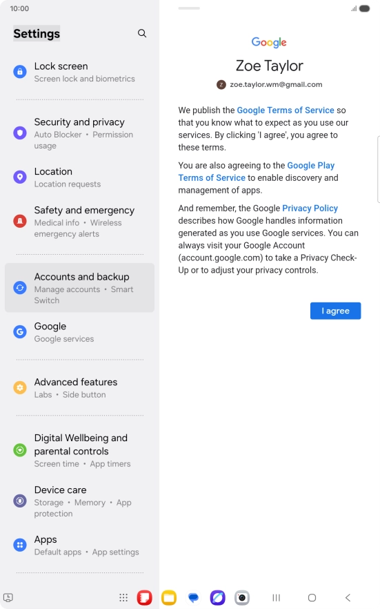 Press I agree and follow the instructions on the screen to select settings for your Google account. Press I agree and follow the instructions on the screen to select settings for your Google account.