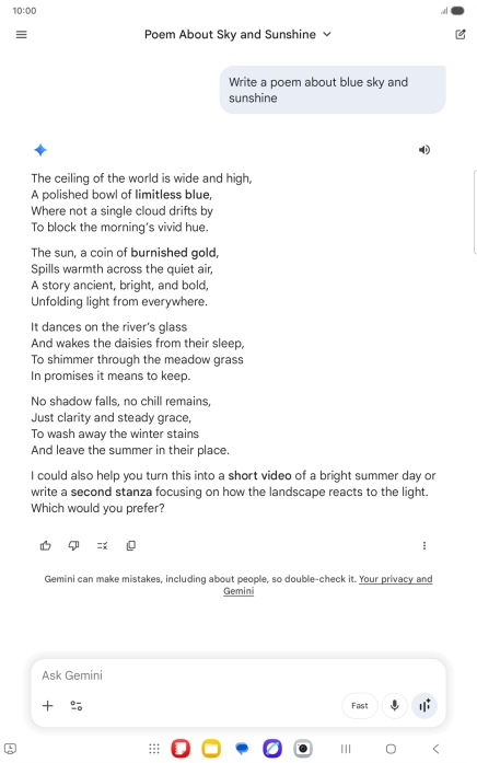 You can ask Gemini to generate a text based on your description. You can ask Gemini to generate a text based on your description.
