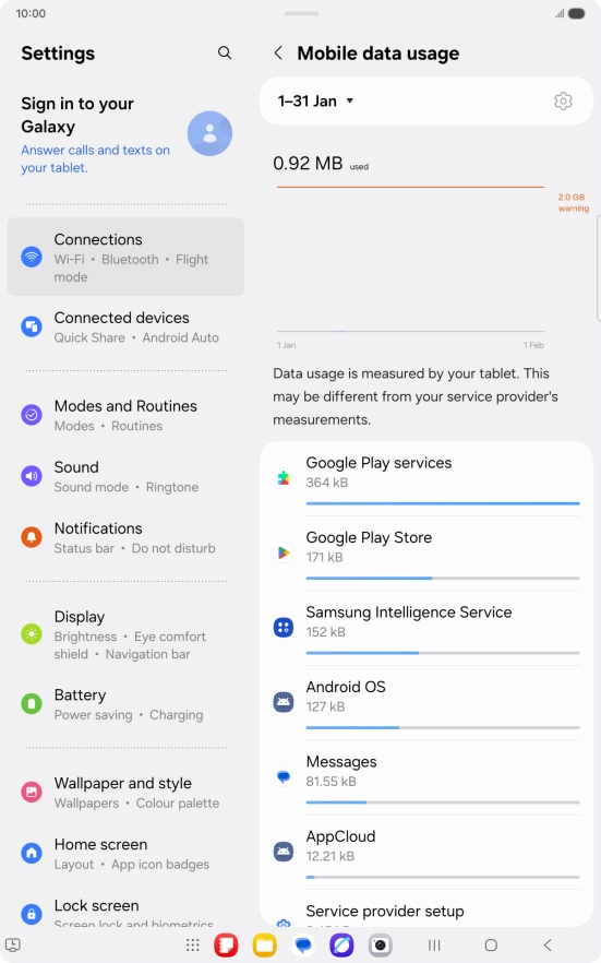 The data usage for each application is displayed below the name of the application. The data usage for each application is displayed below the name of the application.