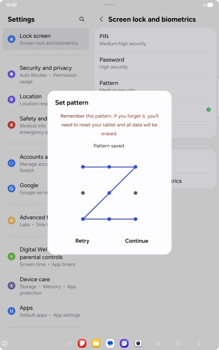 Slide your finger across the screen to connect at least four points and press Continue.