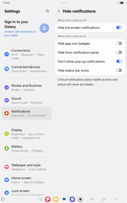 Press the indicators next to the required settings to turn display of the selected notification types on or off. Press the indicators next to the required settings to turn display of the selected notification types on or off.