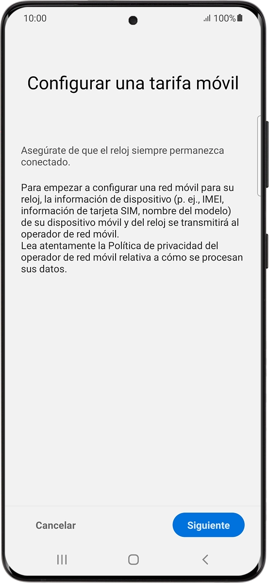 En el teléfono: Si deseas configurar los datos móviles en el smartwatch, sigue las indicaciones de la pantalla  para terminar la configuración.